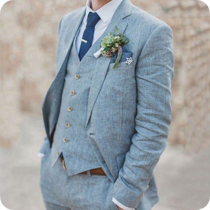 Light Blue Wedding Men Suits Slim Fit Linen Tuxedos Groom Wear Terno 3 Pieces(Jacket+Pants+Vest) Bridegroom Blazer Costume Homme