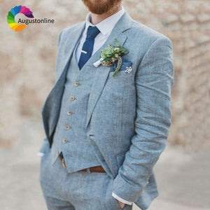 Light Blue Wedding Men Suits Slim Fit Linen Tuxedos Groom Wear Terno 3 Pieces(Jacket+Pants+Vest) Bridegroom Blazer Costume Homme