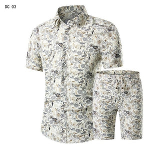 New Fashion Men Shirts+Shorts Set Summer Casual Printed Shirt Homme Short Male Printing Dress Suit Sets Plus Size 5XL