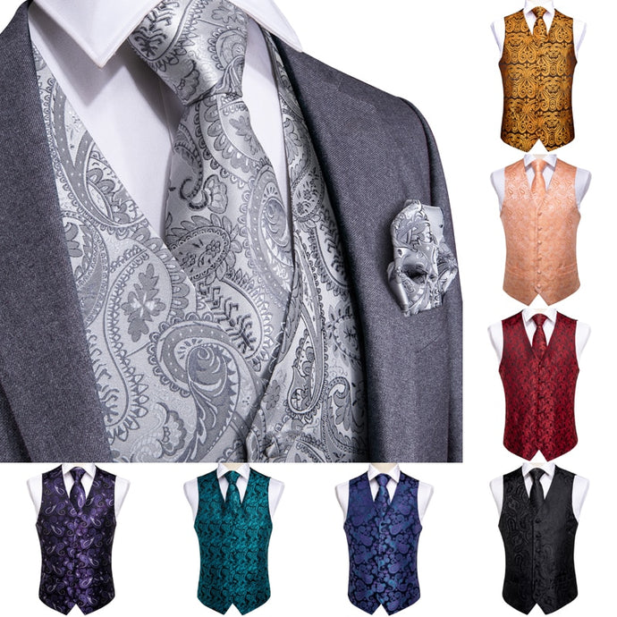DiBanGu Top 9 styles Vest for Men Silver Red Orange Blue Men's Vest Suit Business Wedding Party Occasion Hanky Cufflinks Vests